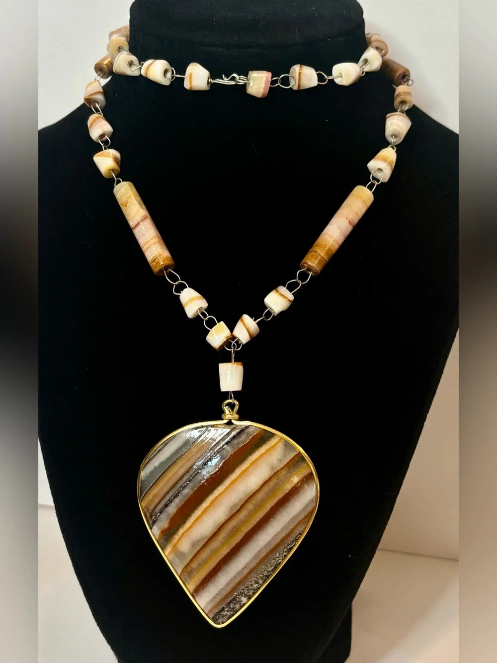 Vintage Banded Agate Pendant Necklace Natural Stone Statement 26”